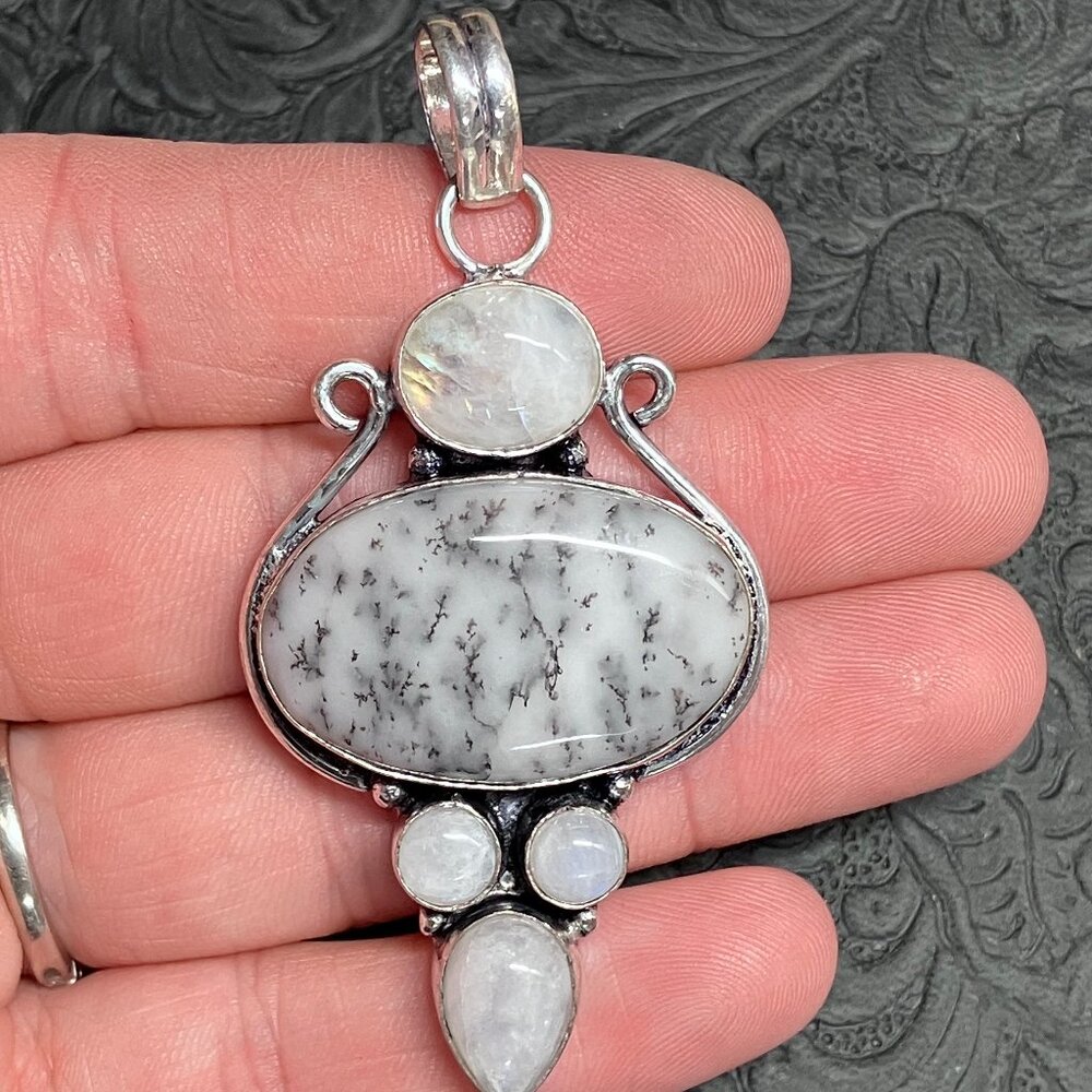 Dendritic Opal Rainbow Moonstone Pendant Crystal Stone Jewelry - Picture 3 of 9